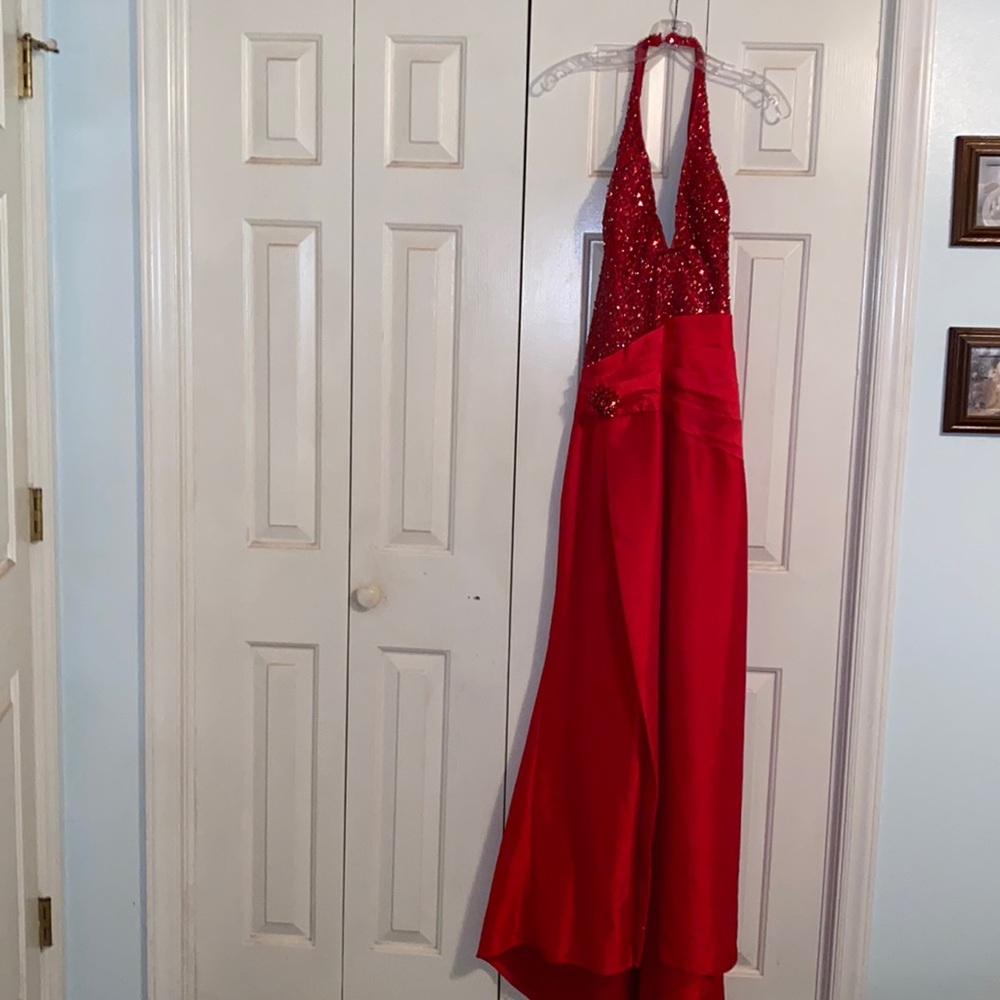 SOLD Red Beaded Halter Style Prom Dress